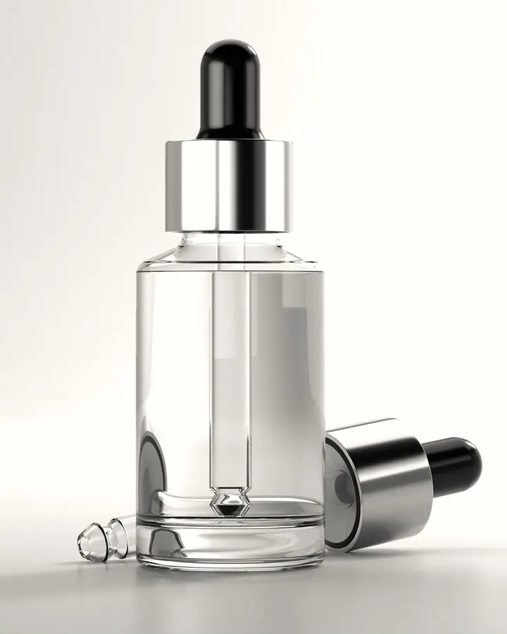 Clear glass dropper bottle with a silver collar and black bulb on white, its pipette resting beside it
