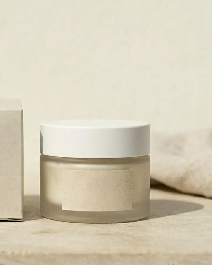 Frosted glass cream jar with a white lid and a blank label, next to a plain cardboard box on a limestone ledge