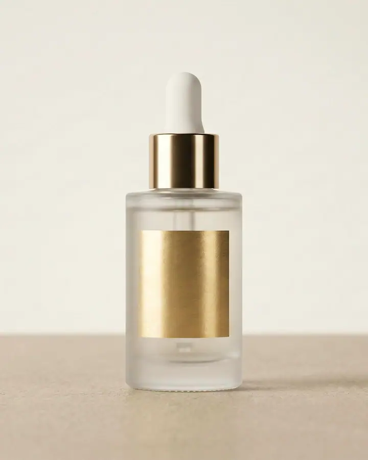 Frosted glass dropper bottle with a white bulb and a blank brushed-gold label on a limestone shelf