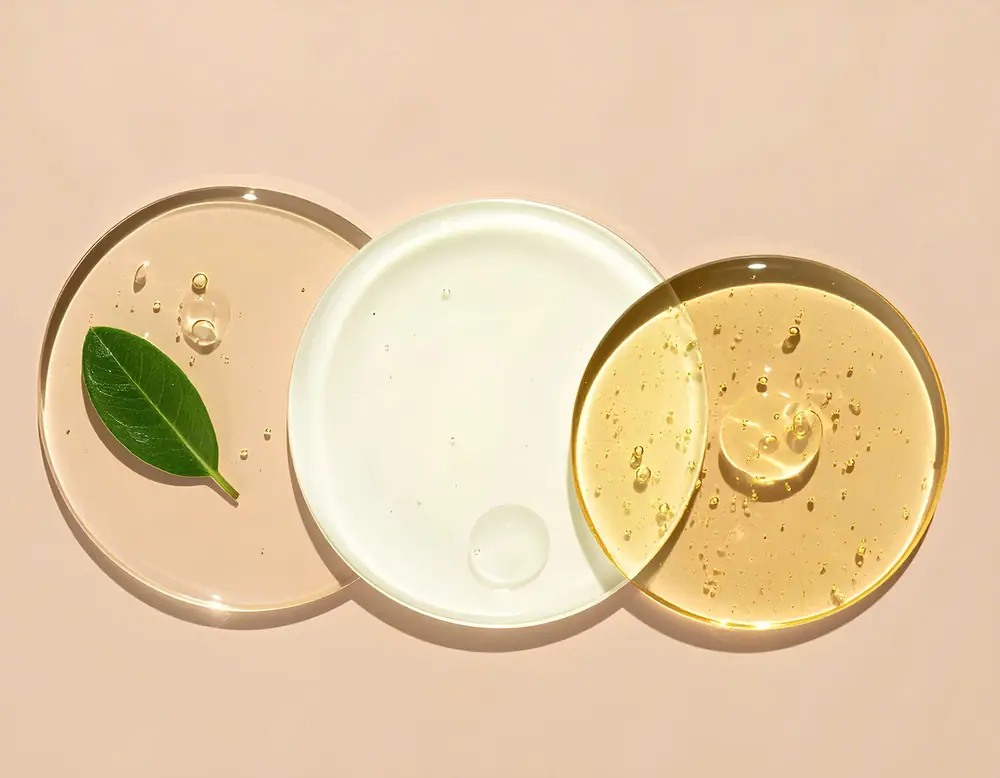 Two glass dishes of golden serum and clear gel on a peach surface